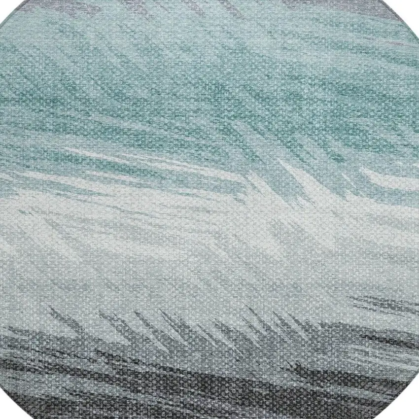 8' Teal Blue Ivory And Gray Round Striped Washable Indoor Outdoor Area Rug Photo 7