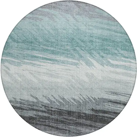 8' Teal Blue Ivory And Gray Round Striped Washable Indoor Outdoor Area Rug Photo 2
