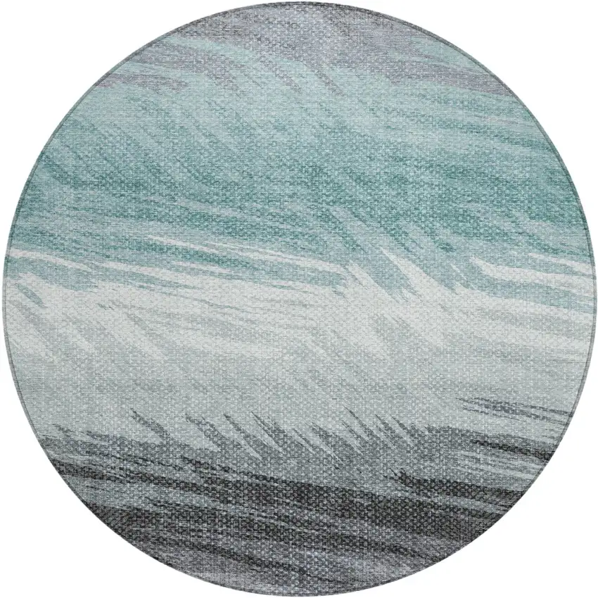 8' Teal Blue Ivory And Gray Round Striped Washable Indoor Outdoor Area Rug Photo 2