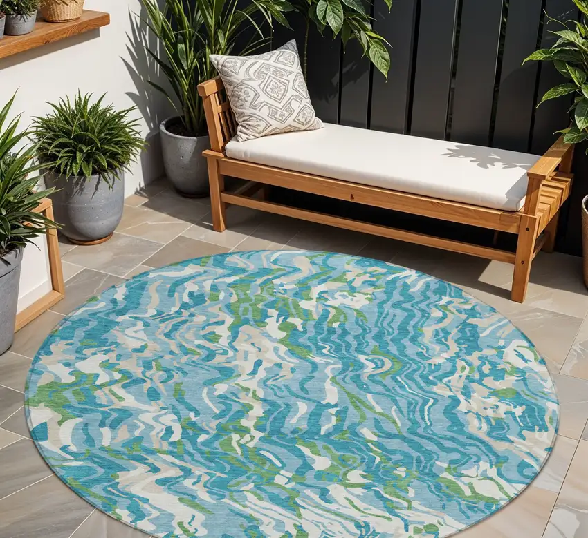 8' Teal Blue Ivory And Green Round Abstract Washable Indoor Outdoor Area Rug Photo 1