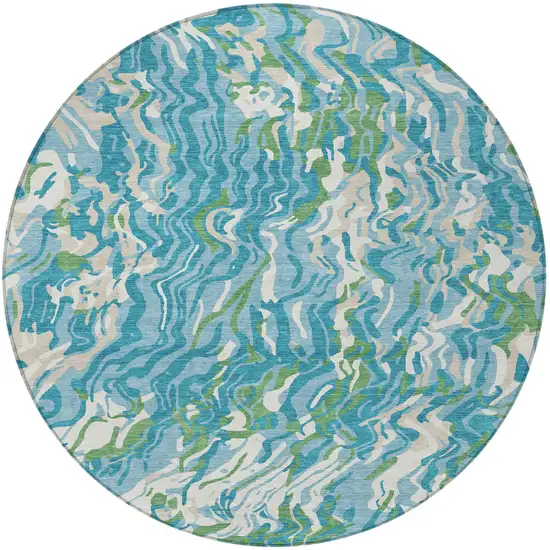 8' Teal Blue Ivory And Green Round Abstract Washable Indoor Outdoor Area Rug Photo 6