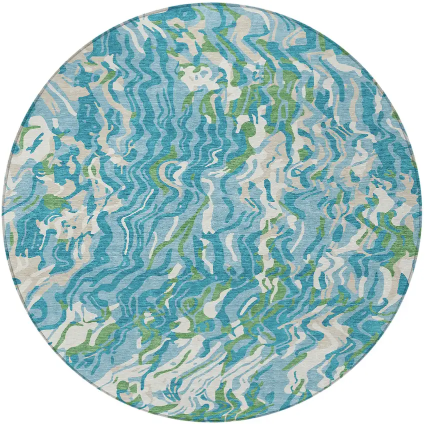 8' Teal Blue Ivory And Green Round Abstract Washable Indoor Outdoor Area Rug Photo 6