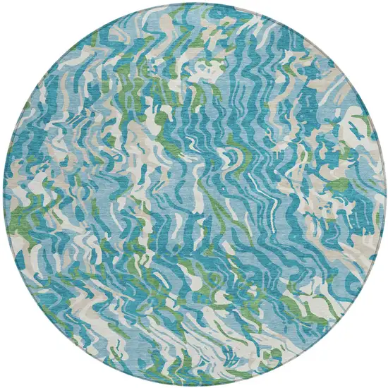 8' Teal Blue Ivory And Green Round Abstract Washable Indoor Outdoor Area Rug Photo 2