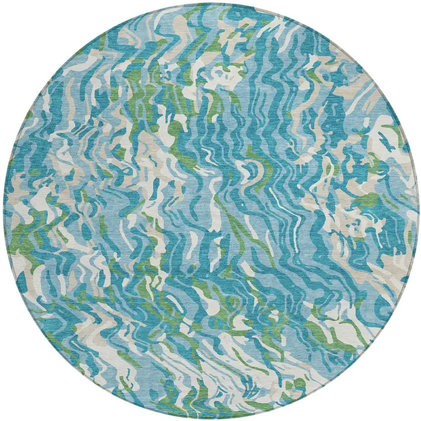 8' Teal Blue Ivory And Green Round Abstract Washable Indoor Outdoor Area Rug Photo 2
