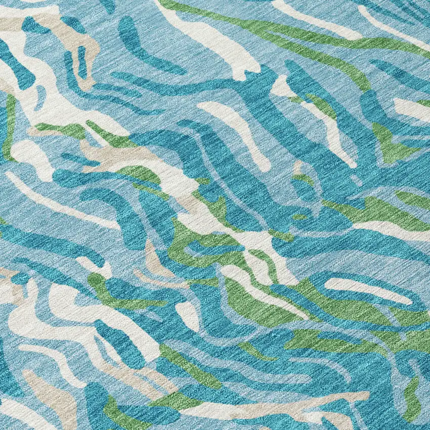 8' Teal Blue Ivory And Green Round Abstract Washable Indoor Outdoor Area Rug Photo 4