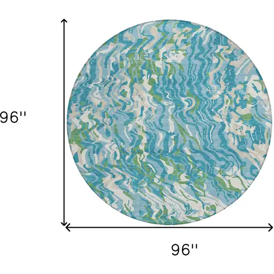 8' Teal Blue Ivory And Green Round Abstract Washable Indoor Outdoor Area Rug Photo 3