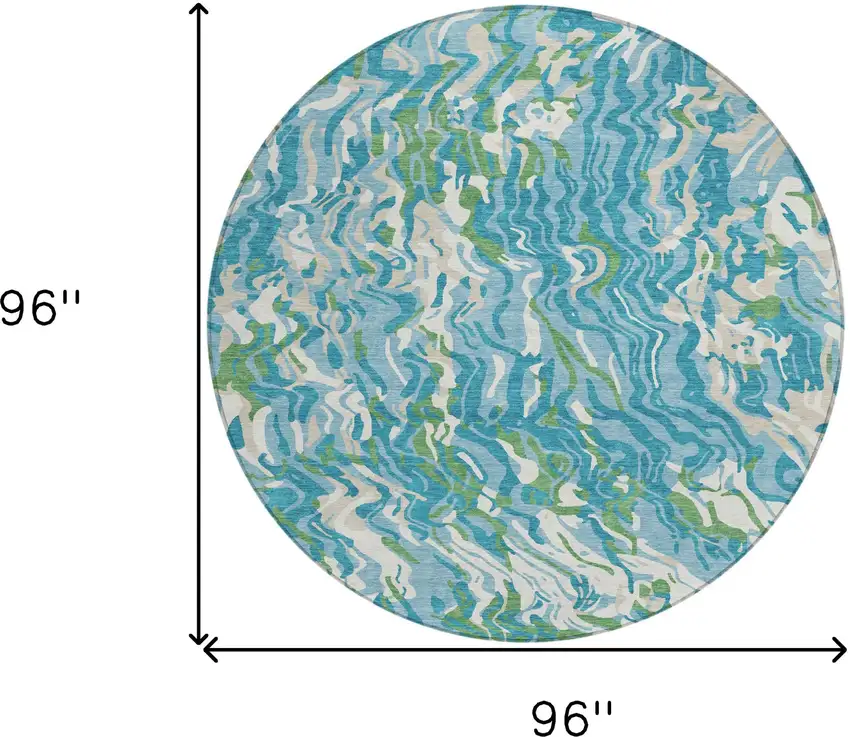 8' Teal Blue Ivory And Green Round Abstract Washable Indoor Outdoor Area Rug Photo 3