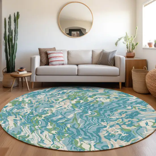 8' Teal Blue Ivory And Green Round Abstract Washable Indoor Outdoor Area Rug Photo 8