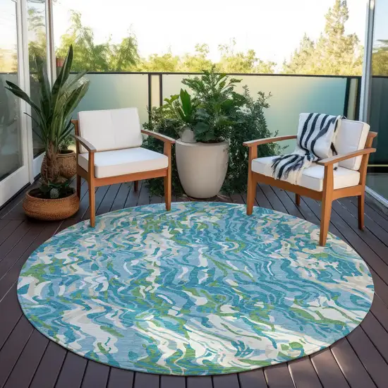 8' Teal Blue Ivory And Green Round Abstract Washable Indoor Outdoor Area Rug Photo 7