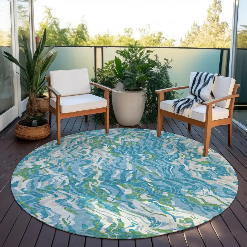 8' Teal Blue Ivory And Green Round Abstract Washable Indoor Outdoor Area Rug Photo 7