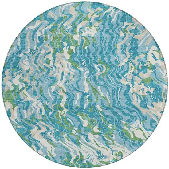 8' Teal Blue Ivory And Green Round Abstract Washable Indoor Outdoor Area Rug Photo 5