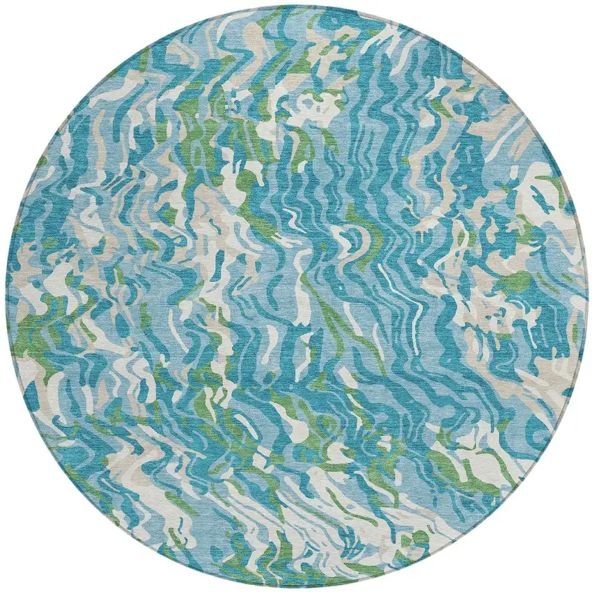8' Teal Blue Ivory And Green Round Abstract Washable Indoor Outdoor Area Rug Photo 5