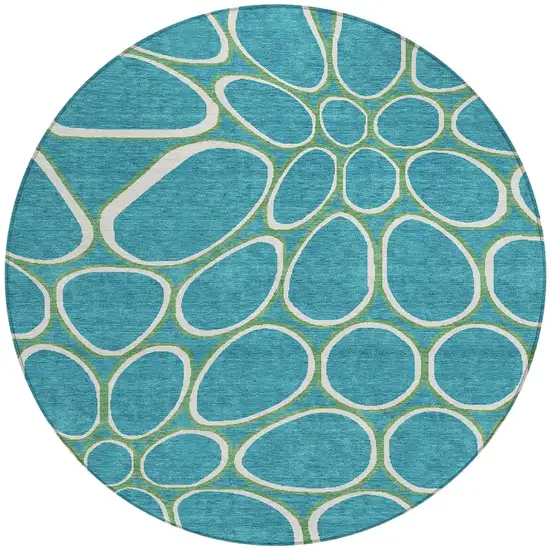 8' Teal Blue Ivory And Green Round Abstract Washable Indoor Outdoor Area Rug Photo 6