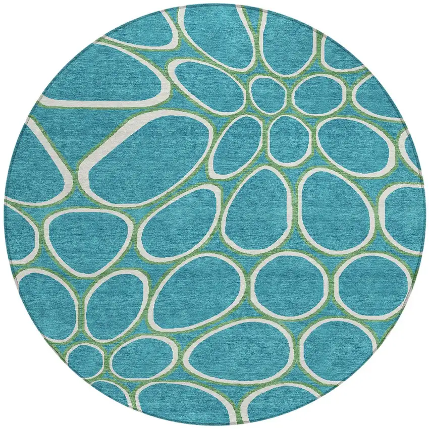 8' Teal Blue Ivory And Green Round Abstract Washable Indoor Outdoor Area Rug Photo 6