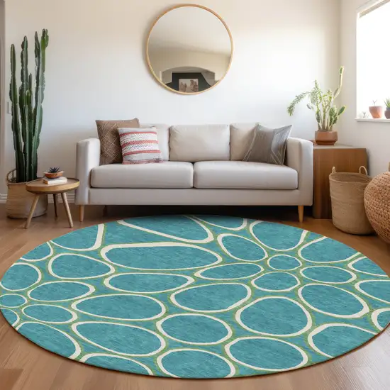 8' Teal Blue Ivory And Green Round Abstract Washable Indoor Outdoor Area Rug Photo 8