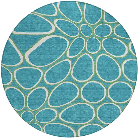 8' Teal Blue Ivory And Green Round Abstract Washable Indoor Outdoor Area Rug Photo 2