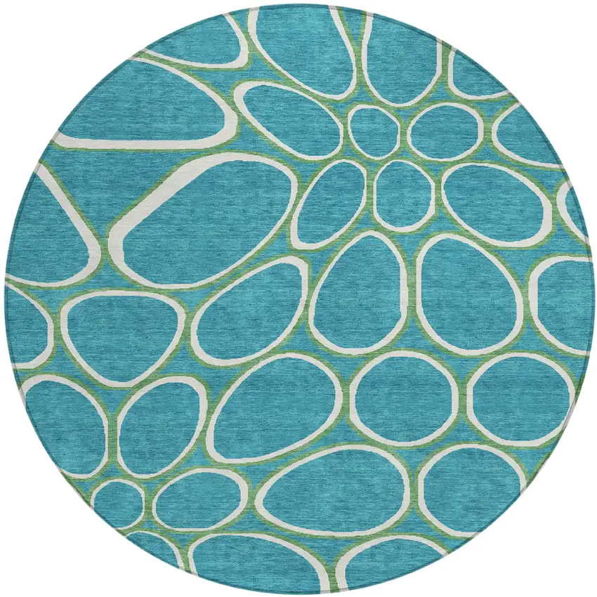 8' Teal Blue Ivory And Green Round Abstract Washable Indoor Outdoor Area Rug Photo 2