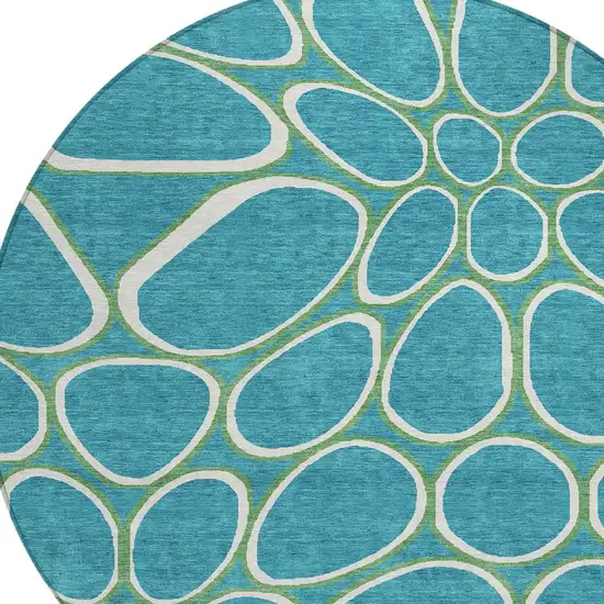 8' Teal Blue Ivory And Green Round Abstract Washable Indoor Outdoor Area Rug Photo 5
