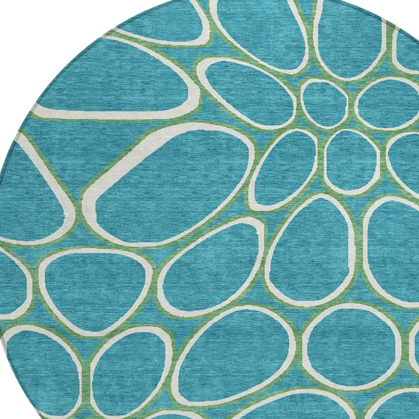8' Teal Blue Ivory And Green Round Abstract Washable Indoor Outdoor Area Rug Photo 5
