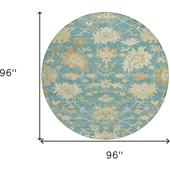 8' Teal Blue Ivory And Green Round Floral Washable Indoor Outdoor Area Rug Photo 8
