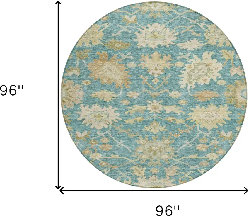 8' Teal Blue Ivory And Green Round Floral Washable Indoor Outdoor Area Rug Photo 8