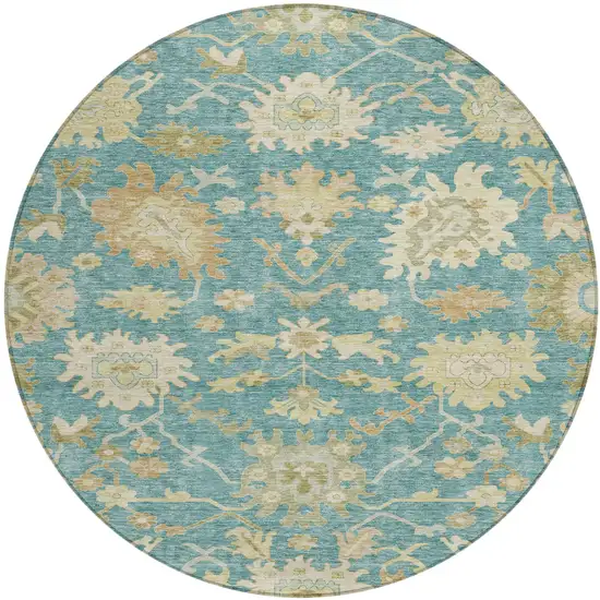 8' Teal Blue Ivory And Green Round Floral Washable Indoor Outdoor Area Rug Photo 2