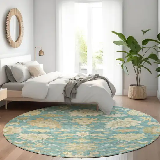 8' Teal Blue Ivory And Green Round Floral Washable Indoor Outdoor Area Rug Photo 9
