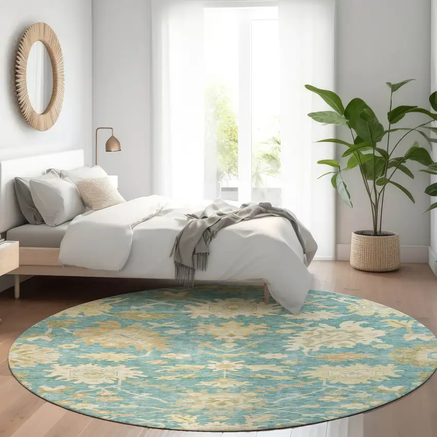 8' Teal Blue Ivory And Green Round Floral Washable Indoor Outdoor Area Rug Photo 9