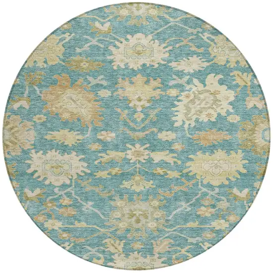 8' Teal Blue Ivory And Green Round Floral Washable Indoor Outdoor Area Rug Photo 7