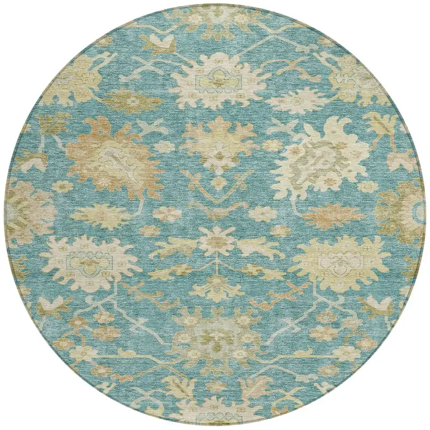 8' Teal Blue Ivory And Green Round Floral Washable Indoor Outdoor Area Rug Photo 7
