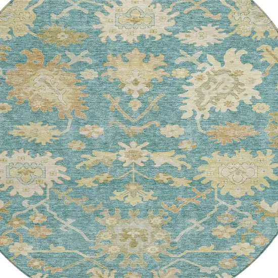 8' Teal Blue Ivory And Green Round Floral Washable Indoor Outdoor Area Rug Photo 6