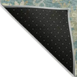 Photo of 8' Teal Blue Ivory And Green Round Floral Washable Indoor Outdoor Area Rug