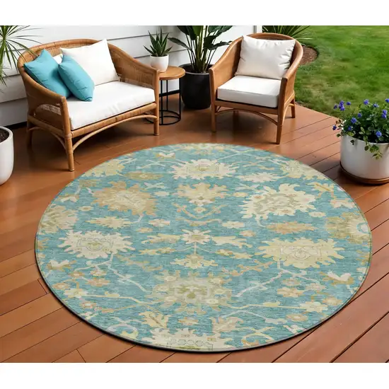 8' Teal Blue Ivory And Green Round Floral Washable Indoor Outdoor Area Rug Photo 1