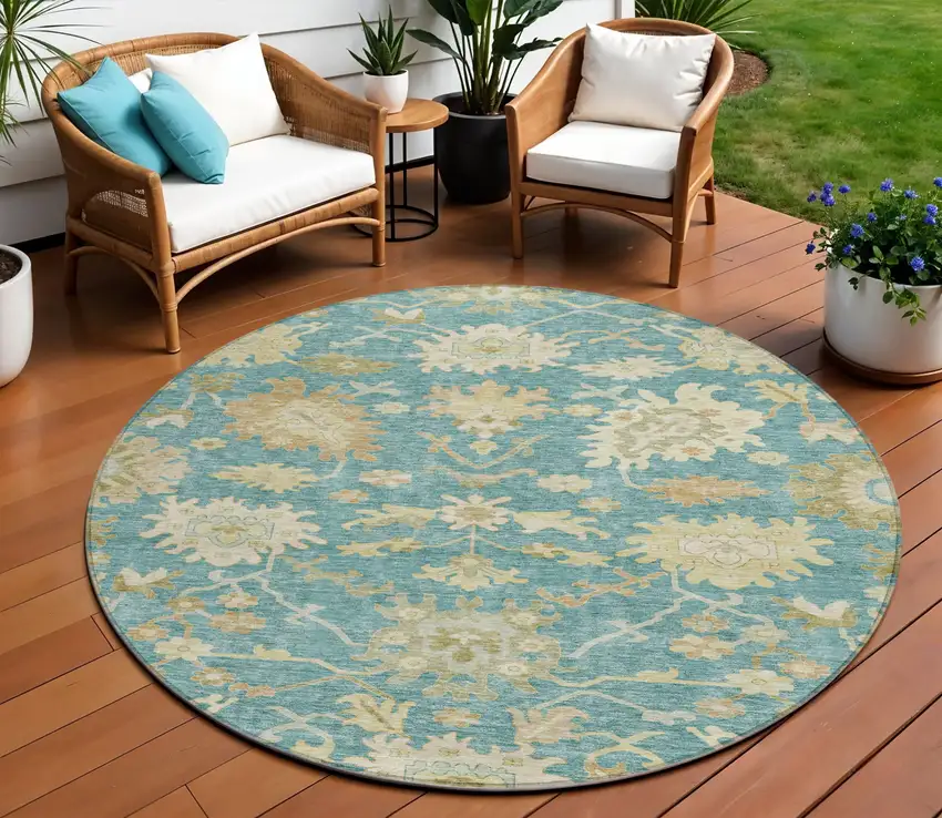 8' Teal Blue Ivory And Green Round Floral Washable Indoor Outdoor Area Rug Photo 1