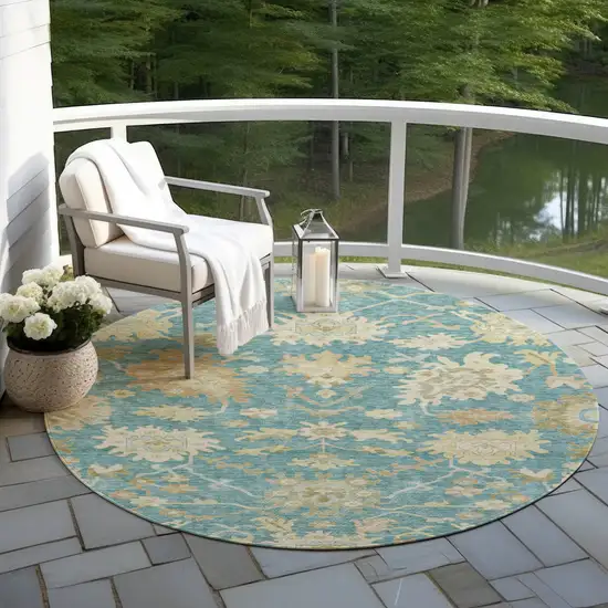 8' Teal Blue Ivory And Green Round Floral Washable Indoor Outdoor Area Rug Photo 8