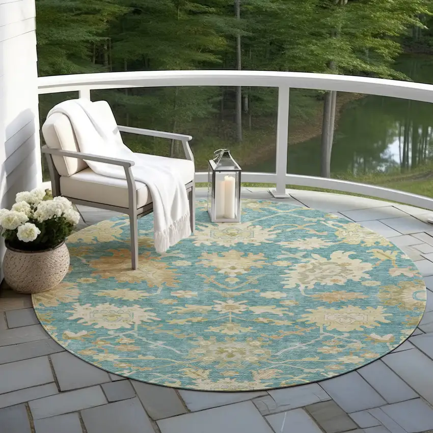 8' Teal Blue Ivory And Green Round Floral Washable Indoor Outdoor Area Rug Photo 8