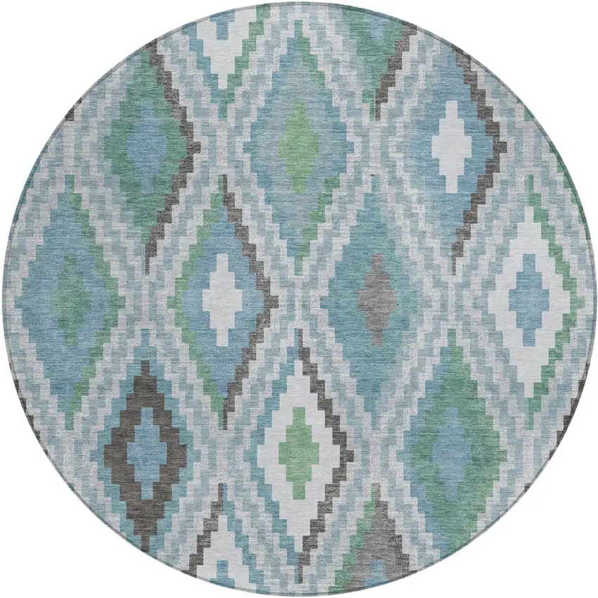 8' Teal Blue Ivory And Green Round Geometric Washable Indoor Outdoor Area Rug Photo 2