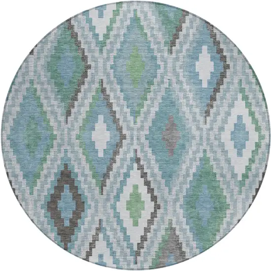 8' Teal Blue Ivory And Green Round Geometric Washable Indoor Outdoor Area Rug Photo 2