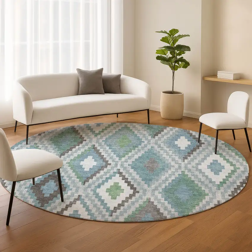 8' Teal Blue Ivory And Green Round Geometric Washable Indoor Outdoor Area Rug Photo 9