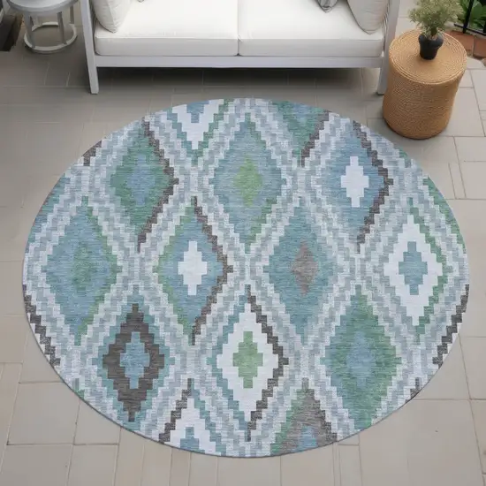 8' Teal Blue Ivory And Green Round Geometric Washable Indoor Outdoor Area Rug Photo 8