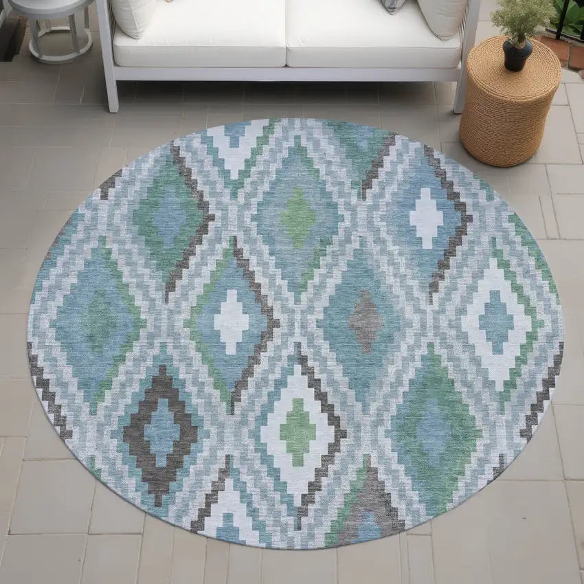 8' Teal Blue Ivory And Green Round Geometric Washable Indoor Outdoor Area Rug Photo 8
