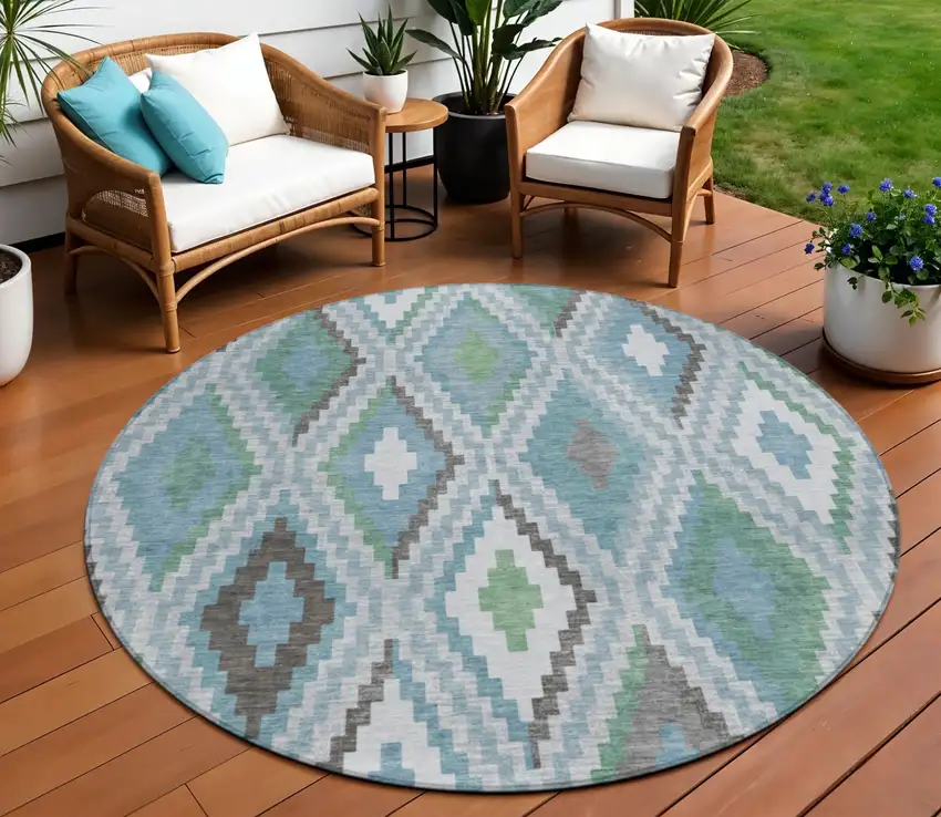 8' Teal Blue Ivory And Green Round Geometric Washable Indoor Outdoor Area Rug Photo 1