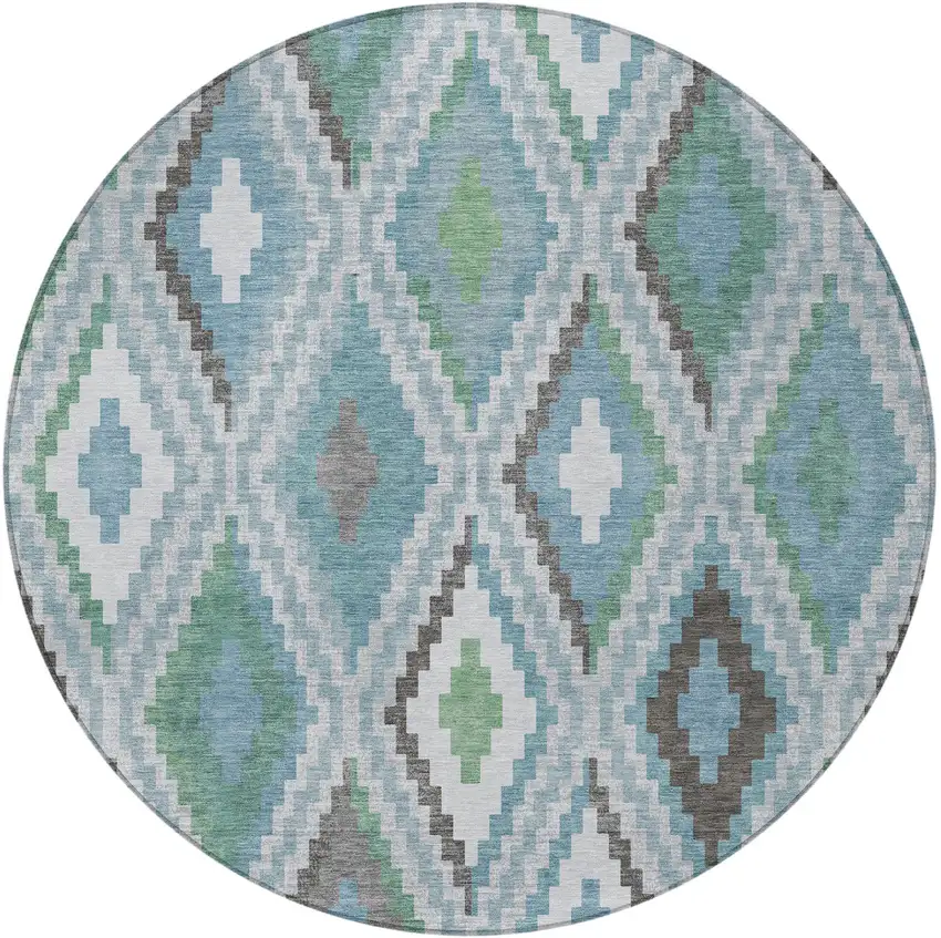 8' Teal Blue Ivory And Green Round Geometric Washable Indoor Outdoor Area Rug Photo 4