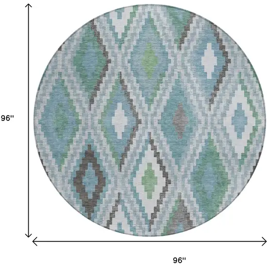 8' Teal Blue Ivory And Green Round Geometric Washable Indoor Outdoor Area Rug Photo 3