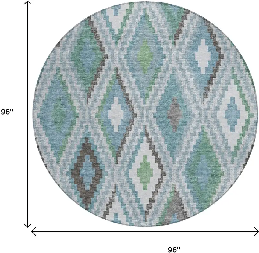 8' Teal Blue Ivory And Green Round Geometric Washable Indoor Outdoor Area Rug Photo 3