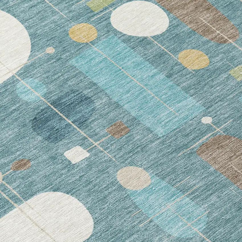 8' Teal Blue Ivory And Green Round Geometric Washable Indoor Outdoor Area Rug Photo 9