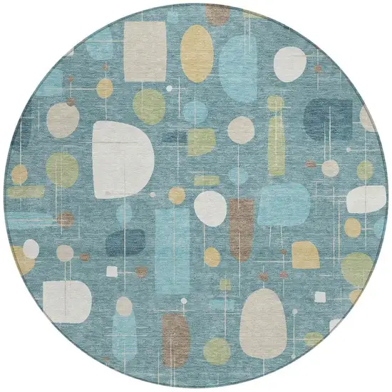 8' Teal Blue Ivory And Green Round Geometric Washable Indoor Outdoor Area Rug Photo 3