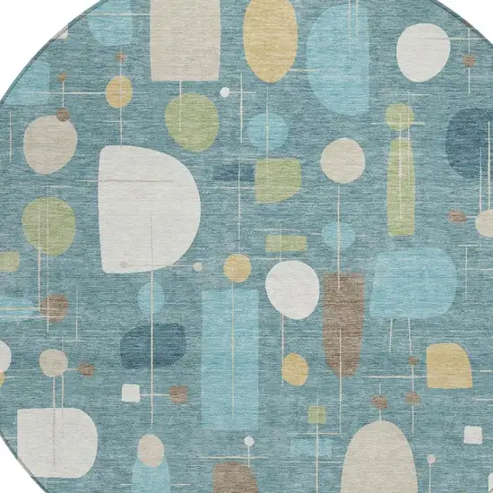 8' Teal Blue Ivory And Green Round Geometric Washable Indoor Outdoor Area Rug Photo 2