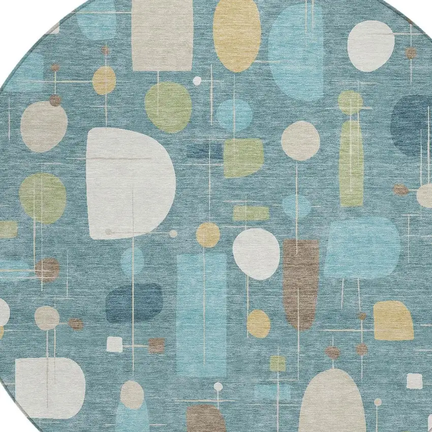 8' Teal Blue Ivory And Green Round Geometric Washable Indoor Outdoor Area Rug Photo 2