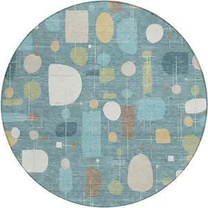 Photo of 8' Teal Blue Ivory And Green Round Geometric Washable Indoor Outdoor Area Rug